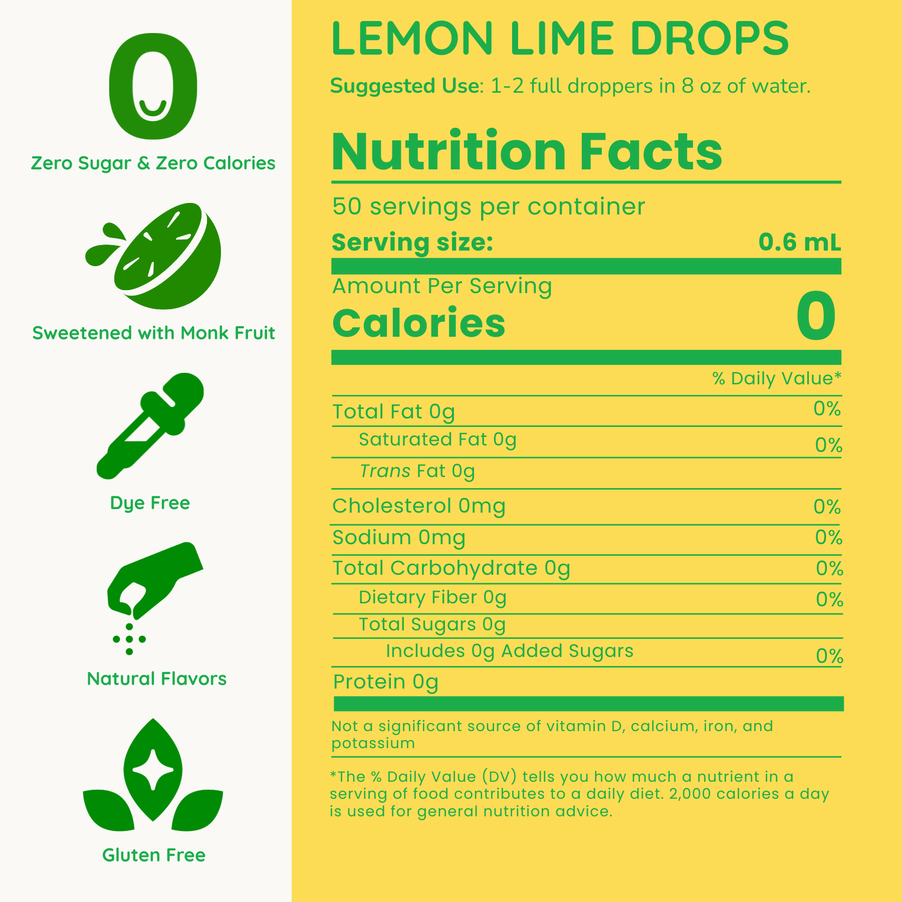 Nutrition facts label for Lemon Lime Drops with green and yellow design.