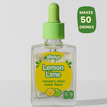 Clear bottle with green cap labeled 'Allways Lemon Lime' on a white background