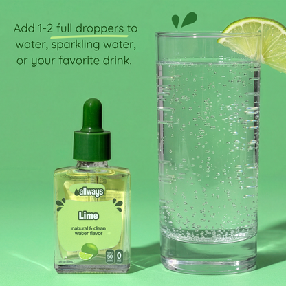 Allways Lime water flavor bottle with dropper next to a glass of sparkling water on a green background.