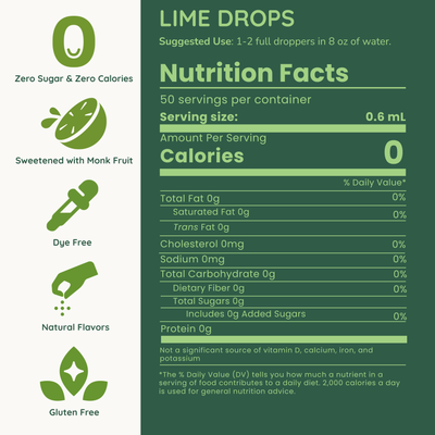 Nutrition facts label for lime drops with health benefits listed on a green background.