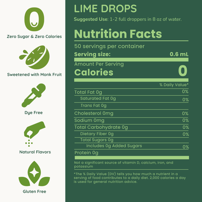 Nutrition facts label for lime drops with health benefits listed on a green background.