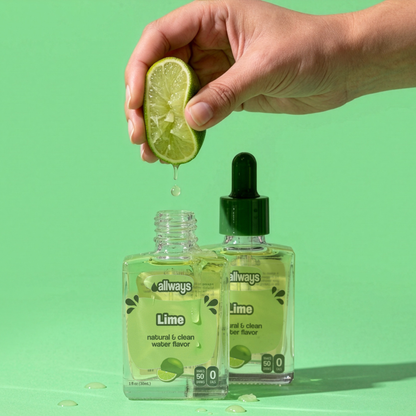 Hand squeezing a lime over a bottle of Allways Lime water flavor on a green background