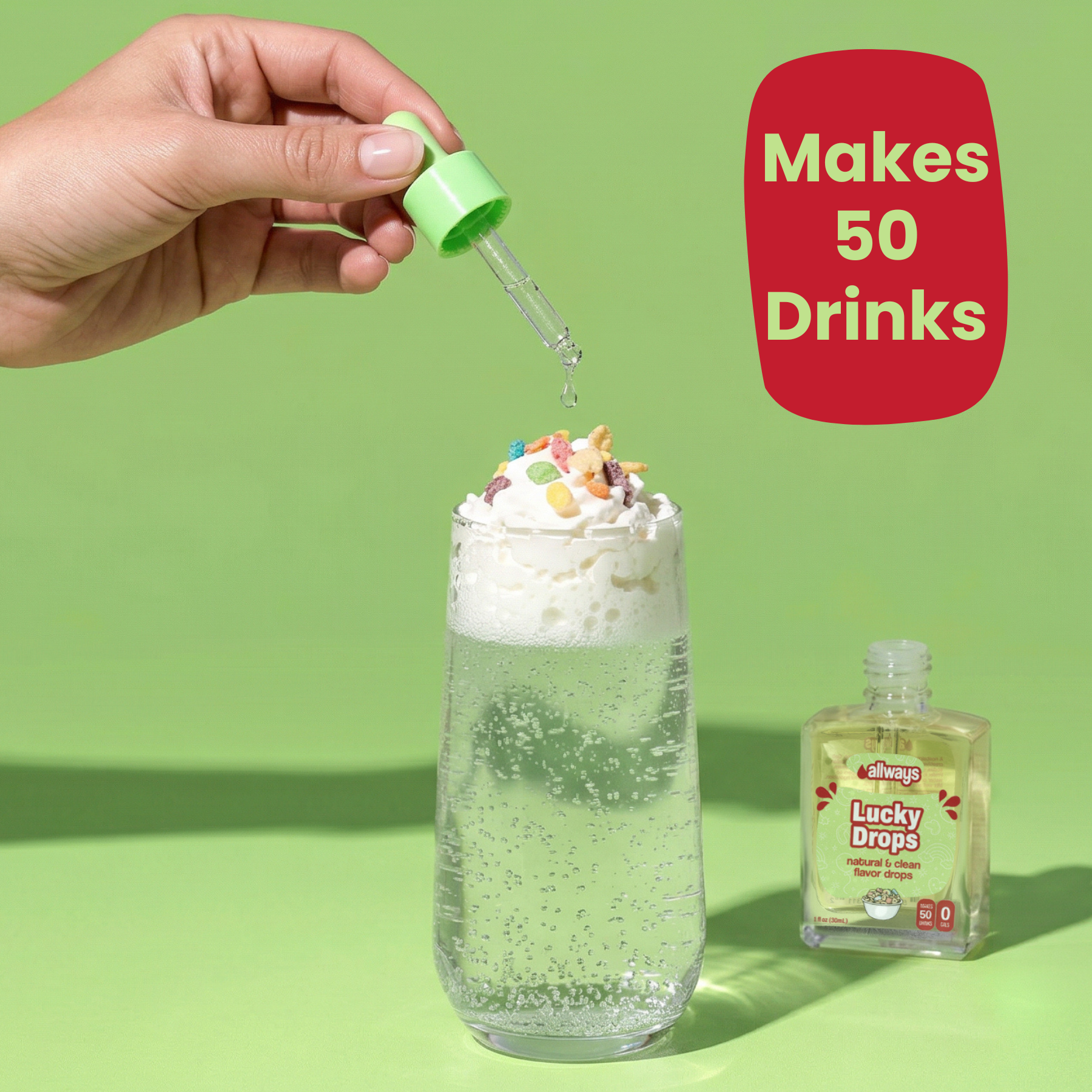 Hand pouring a drop into a glass of a colorful drink with a bottle labeled 'Lucky Drops' on a green background.