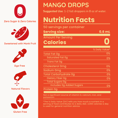 Nutrition facts label for Mango Drops with red and white design.