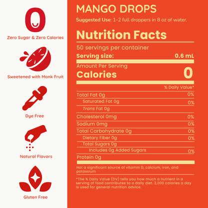 Nutrition facts label for Mango Drops with red and white design.