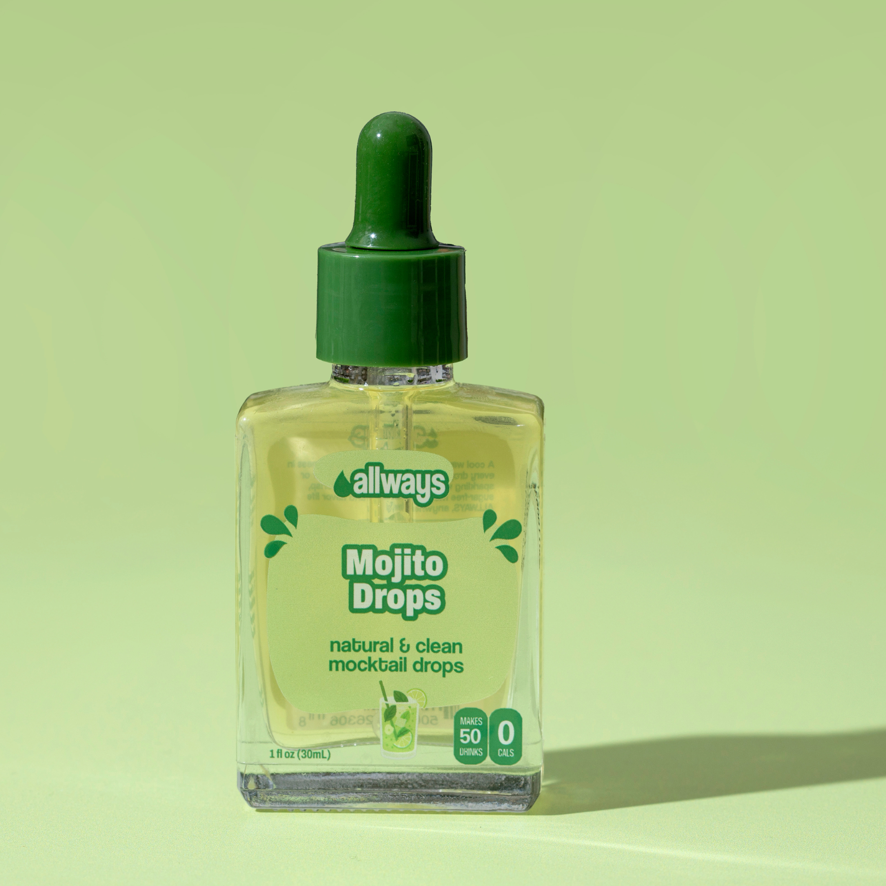 Bottle of allways Mojito Drops on a green background
