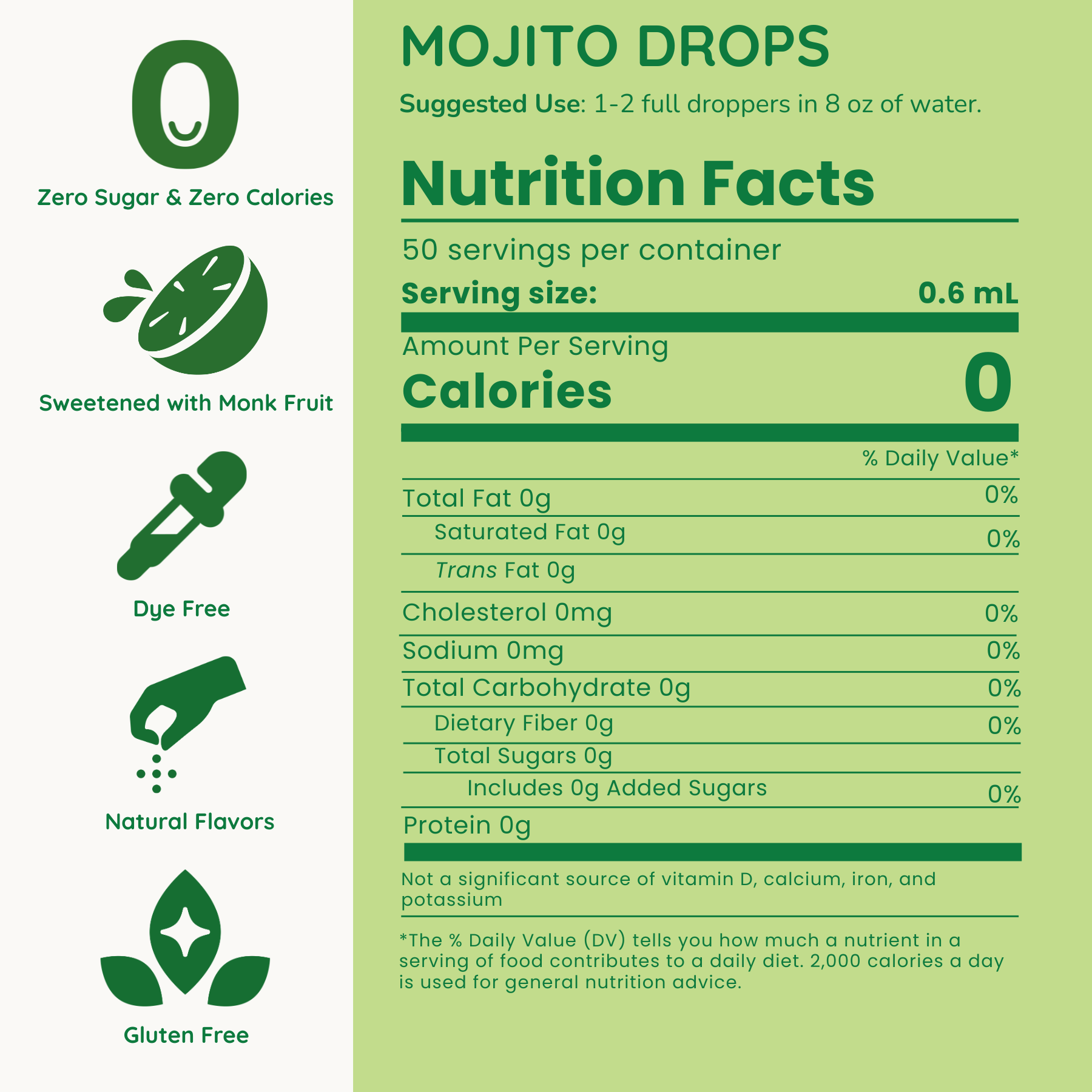 Nutrition facts label for Mojito Drops with green background and icons.