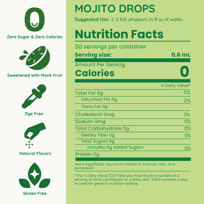 Nutrition facts label for Mojito Drops with green background and icons.