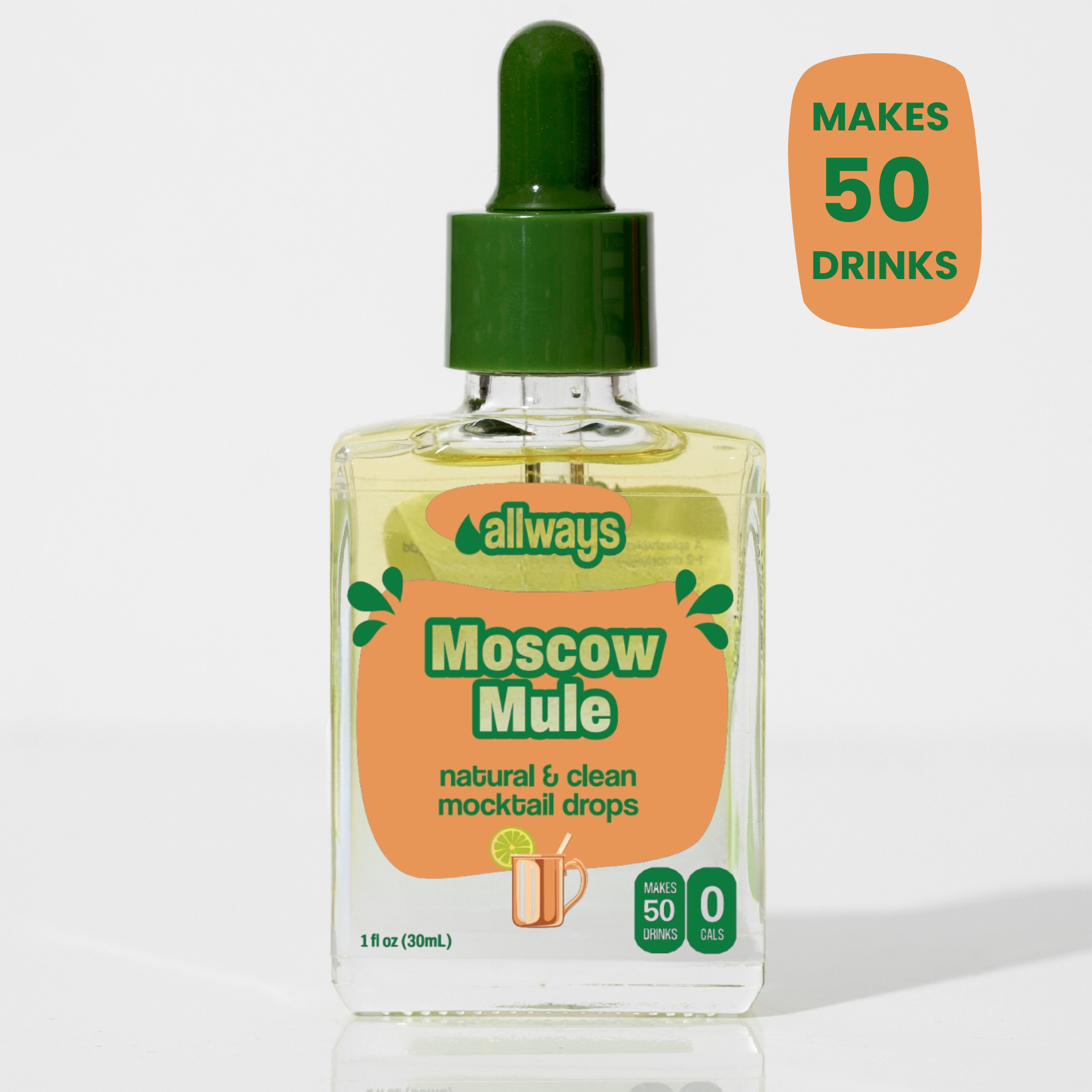 Bottle of Allways Moscow Mule mocktail drops with green cap on a white background