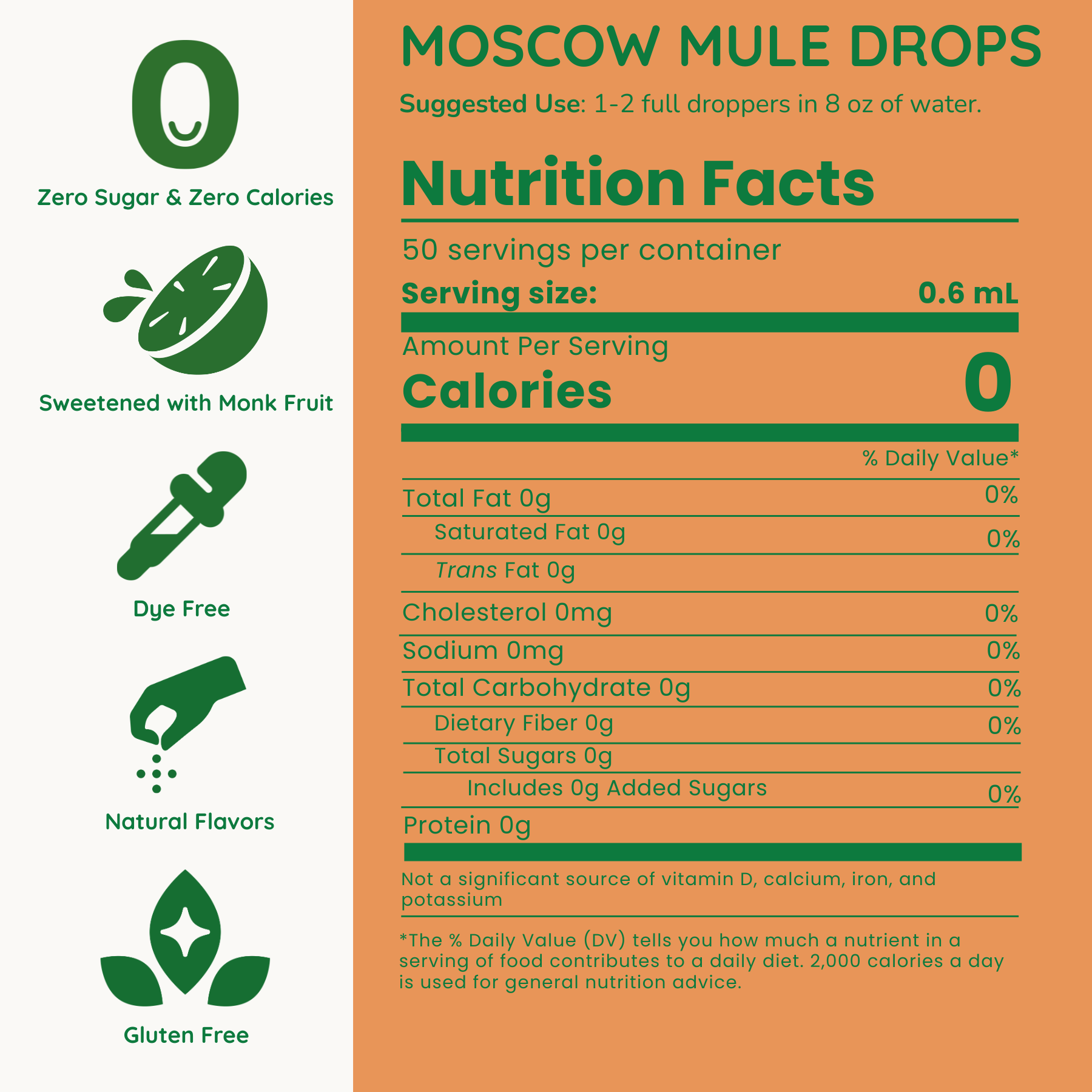 Nutrition facts label for Moscow Mule Drops with green and orange design.