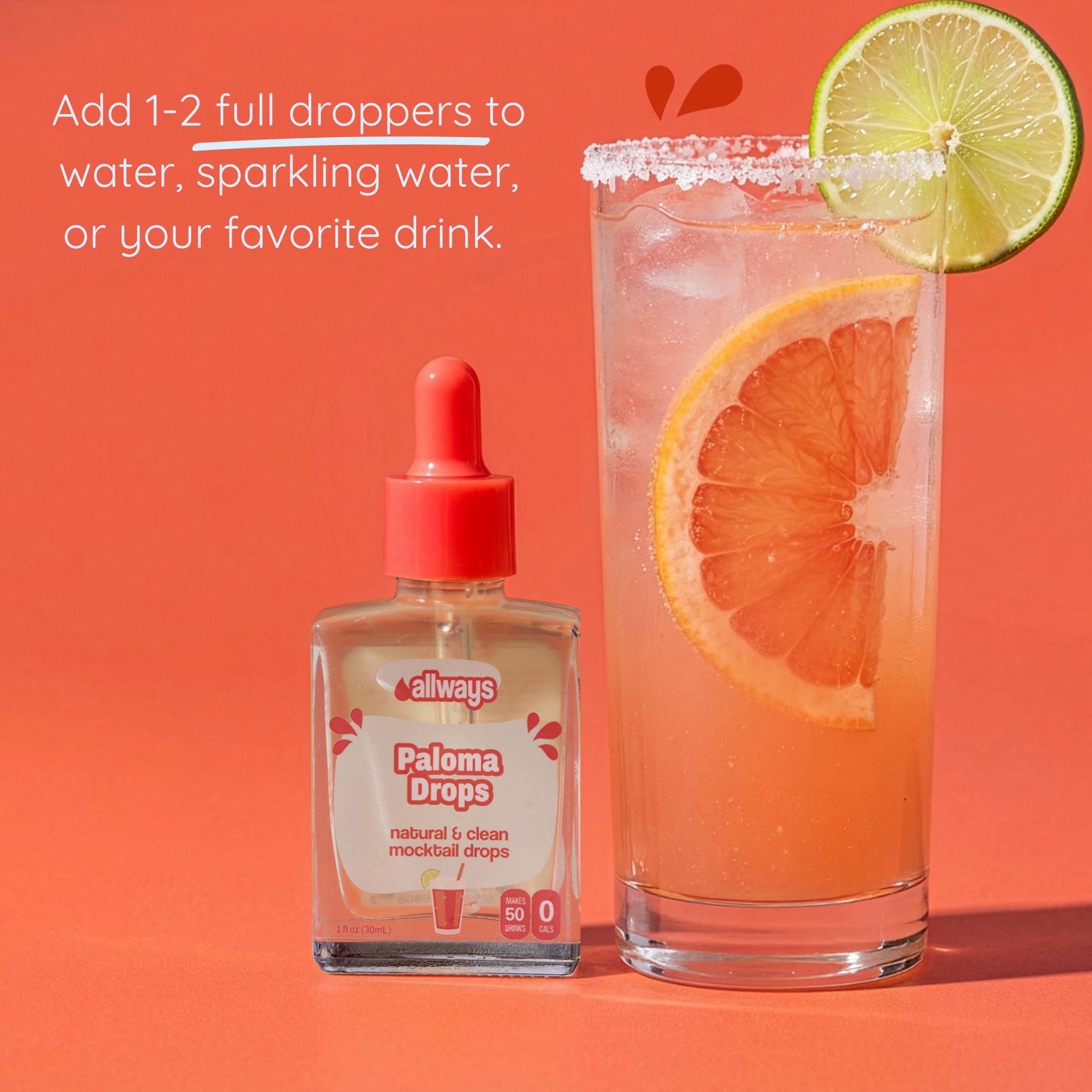 Allways Paloma Drops bottle with a glass of paloma mocktail and lime and grapefruit slice on an grapefruit colored background