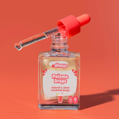 Bottle of 'allways Paloma Drops' on a red background