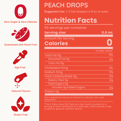 Nutrition facts label for Peach Drops with red and white design.