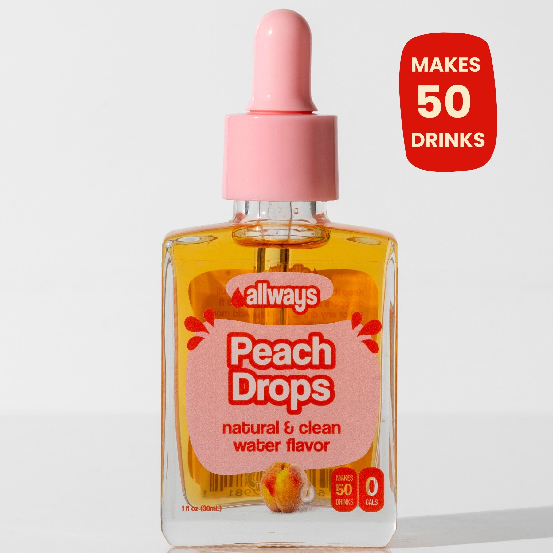 Bottle of 'Allways Peach Drops' with a pink cap on a white background