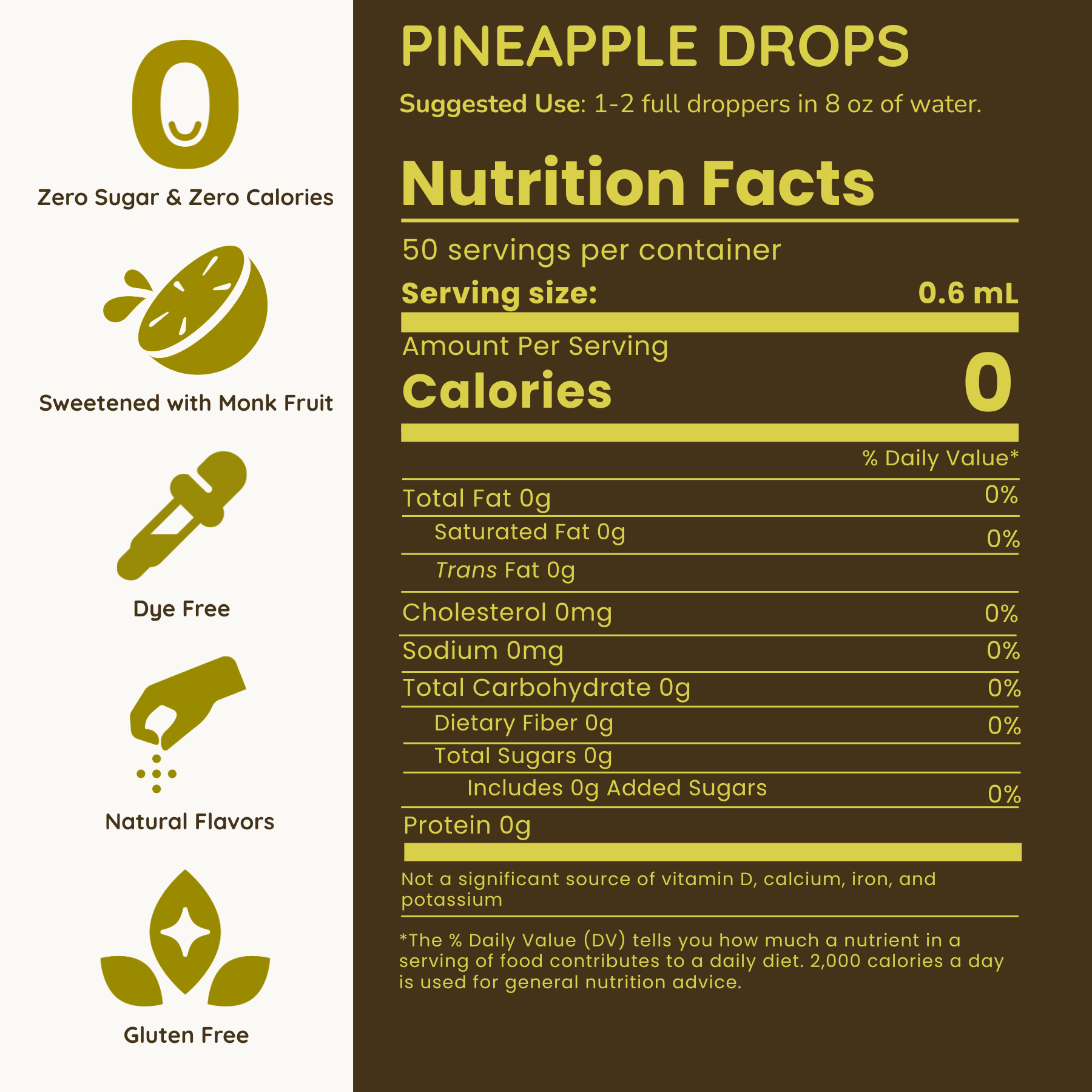 Nutrition facts label for pineapple drops with icons and text on a brown background