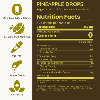 Nutrition facts label for pineapple drops with icons and text on a brown background