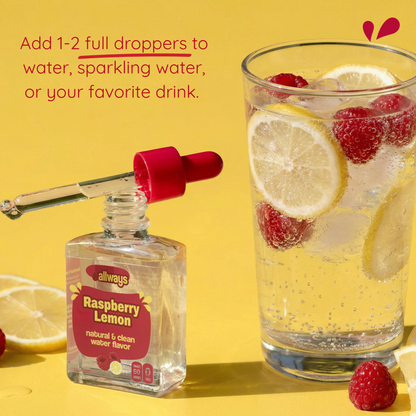 Allways Raspberry Lemon water flavor bottle with dropper and a glass of lemonade with raspberries on a yellow background.