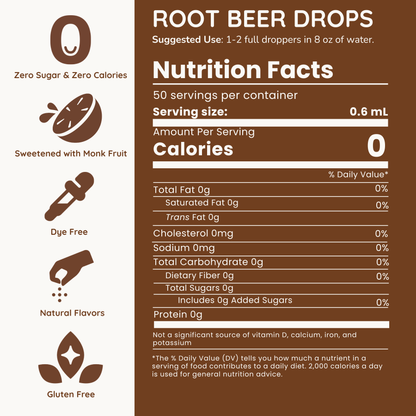Nutrition facts label for root beer drops with health benefits and usage instructions.