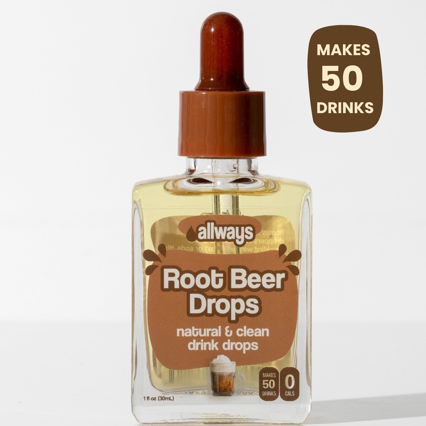 Bottle of allways Root Beer Drops with a dropper on a white background