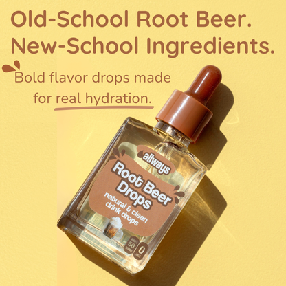 Root beer drops bottle with text on a yellow background