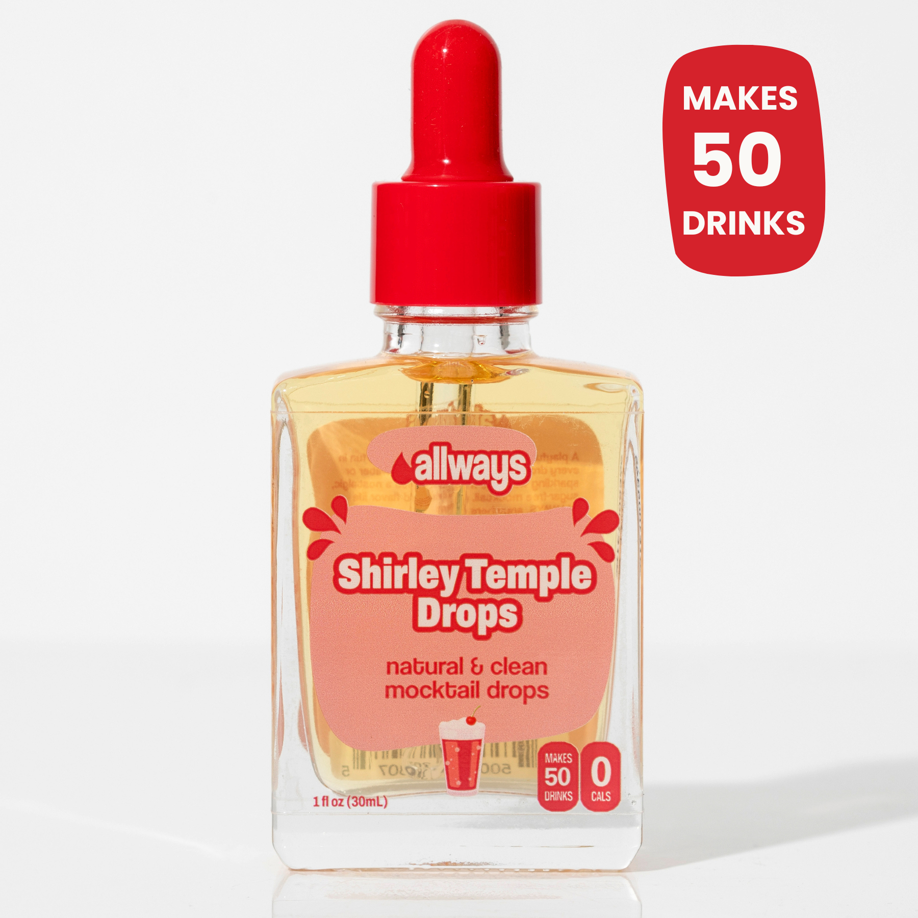 Bottle of Shirley Temple Drops with a red dropper on a white background