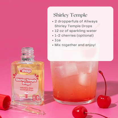 Shirley Temple drops bottle with a cocktail and cherry on a pink background