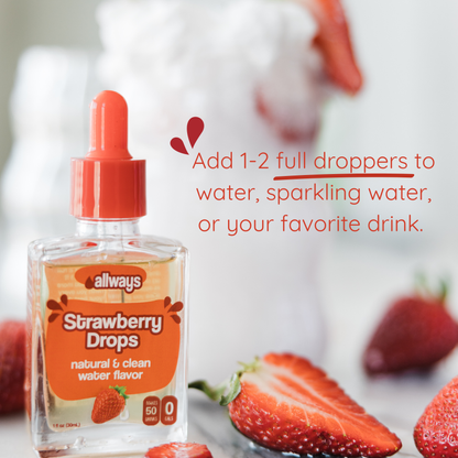 Bottle of Allways Strawberry Drops with strawberry slices on a blurred background