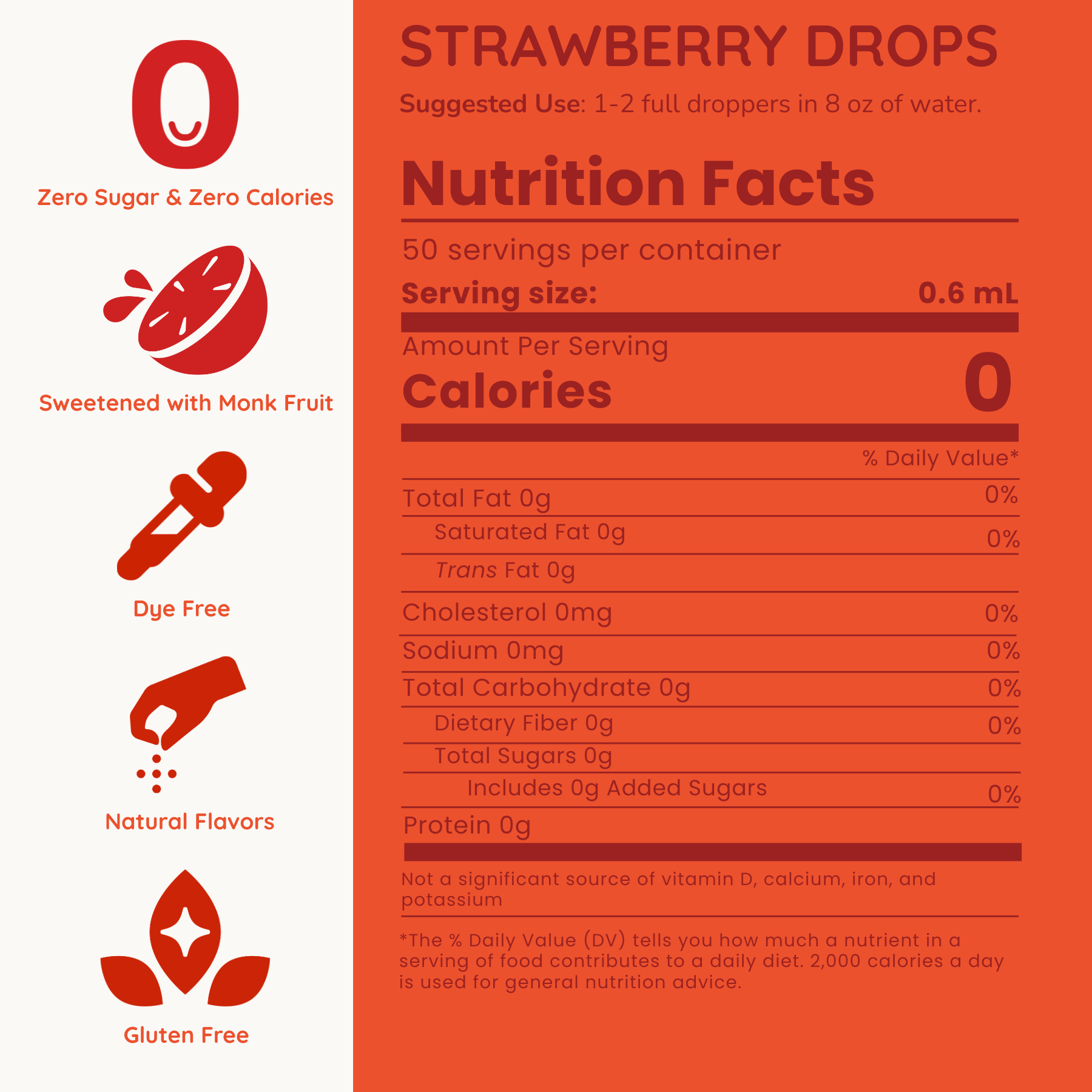 Nutrition facts label for Strawberry Drops with red and white design.