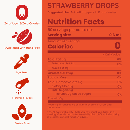 Nutrition facts label for Strawberry Drops with red and white design.