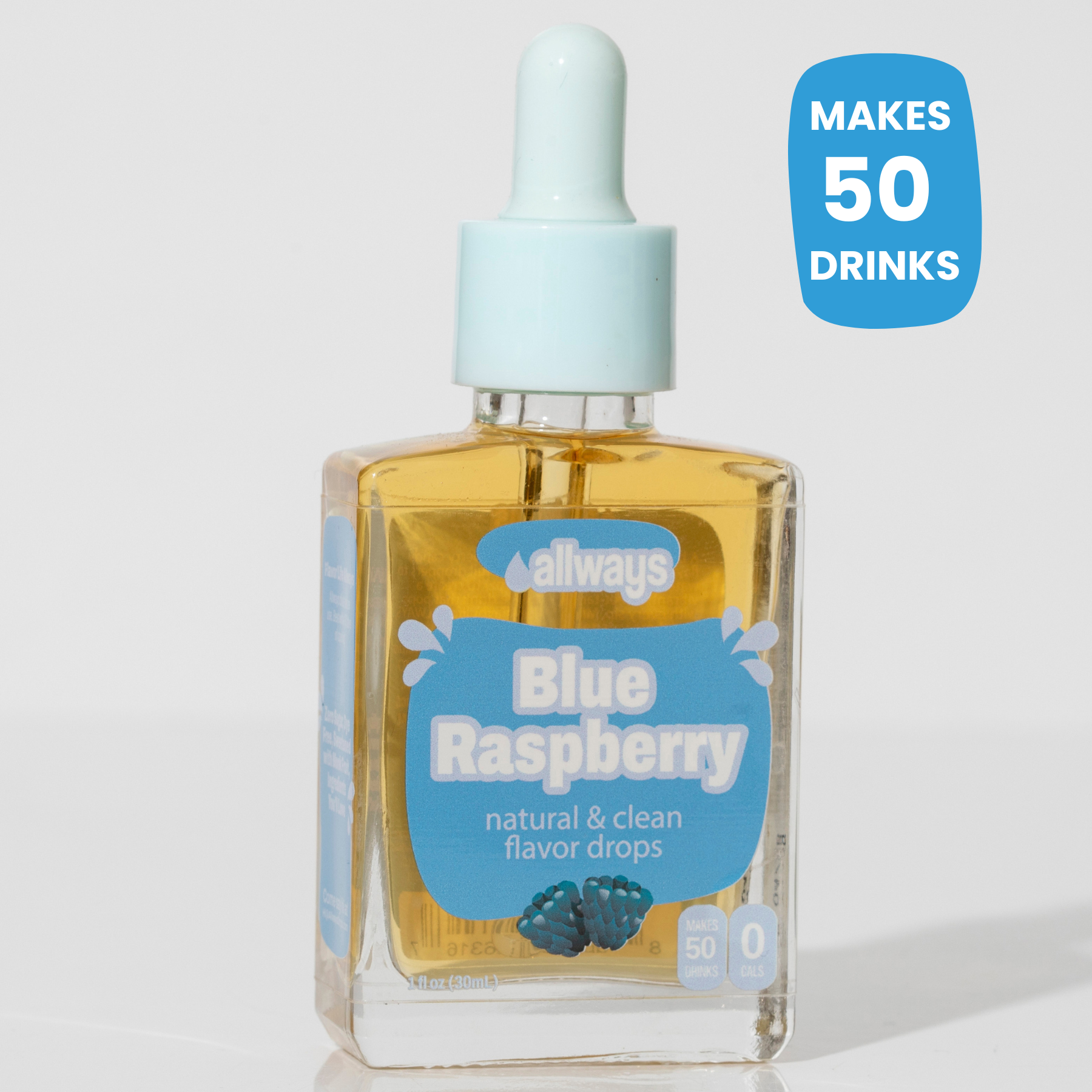 A bottle of Always Blue Raspberry natural and clean flavor drops with a dropper cap, shown on a light gray background with a blue badge that says 'MAKES 50 DRINKS'.