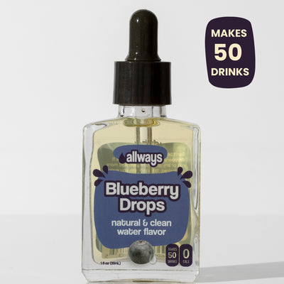 Bottle of allways Blueberry Drops with a dropper on a white background