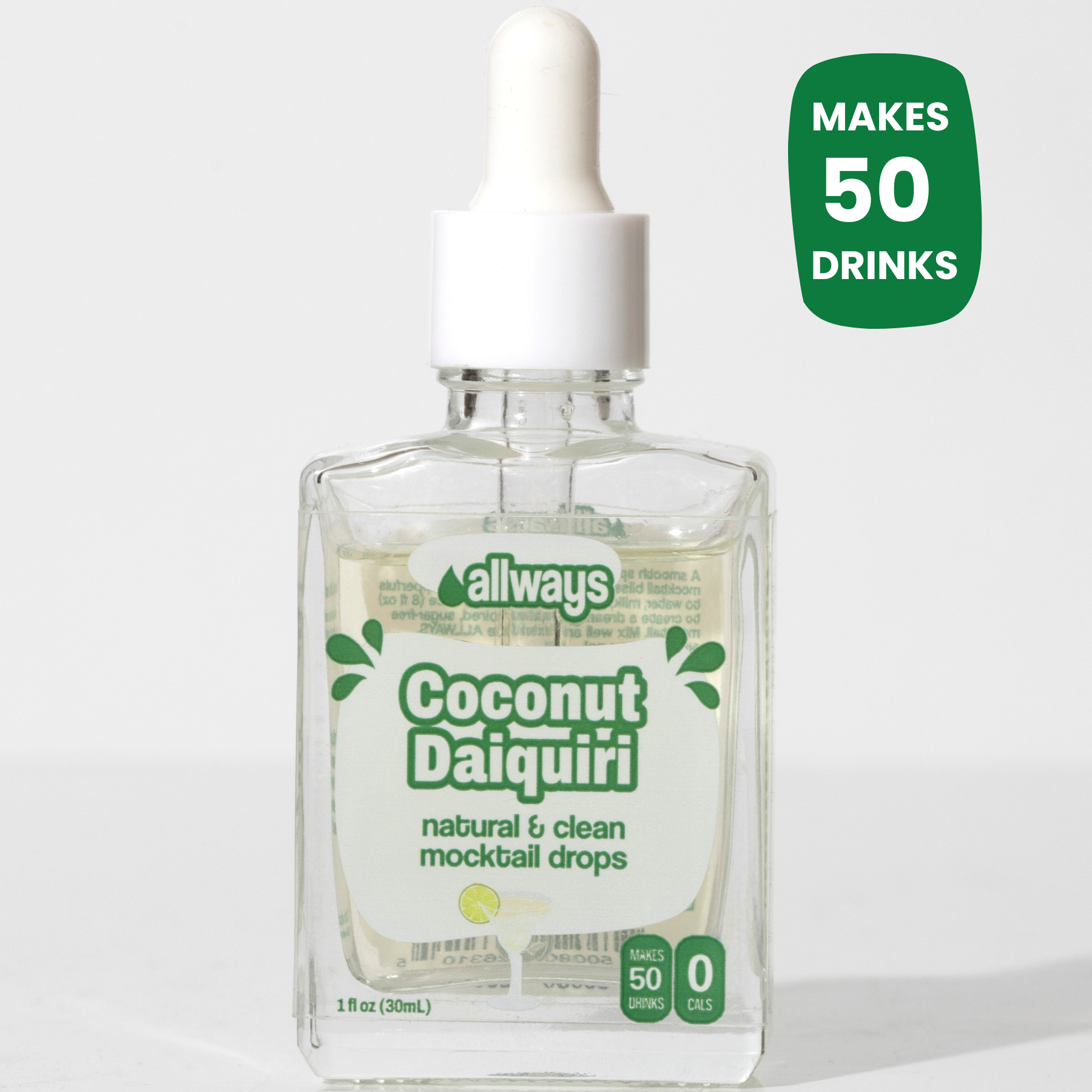 Bottle of allways Coconut Daiquiri mocktail drops with a dropper on a white background