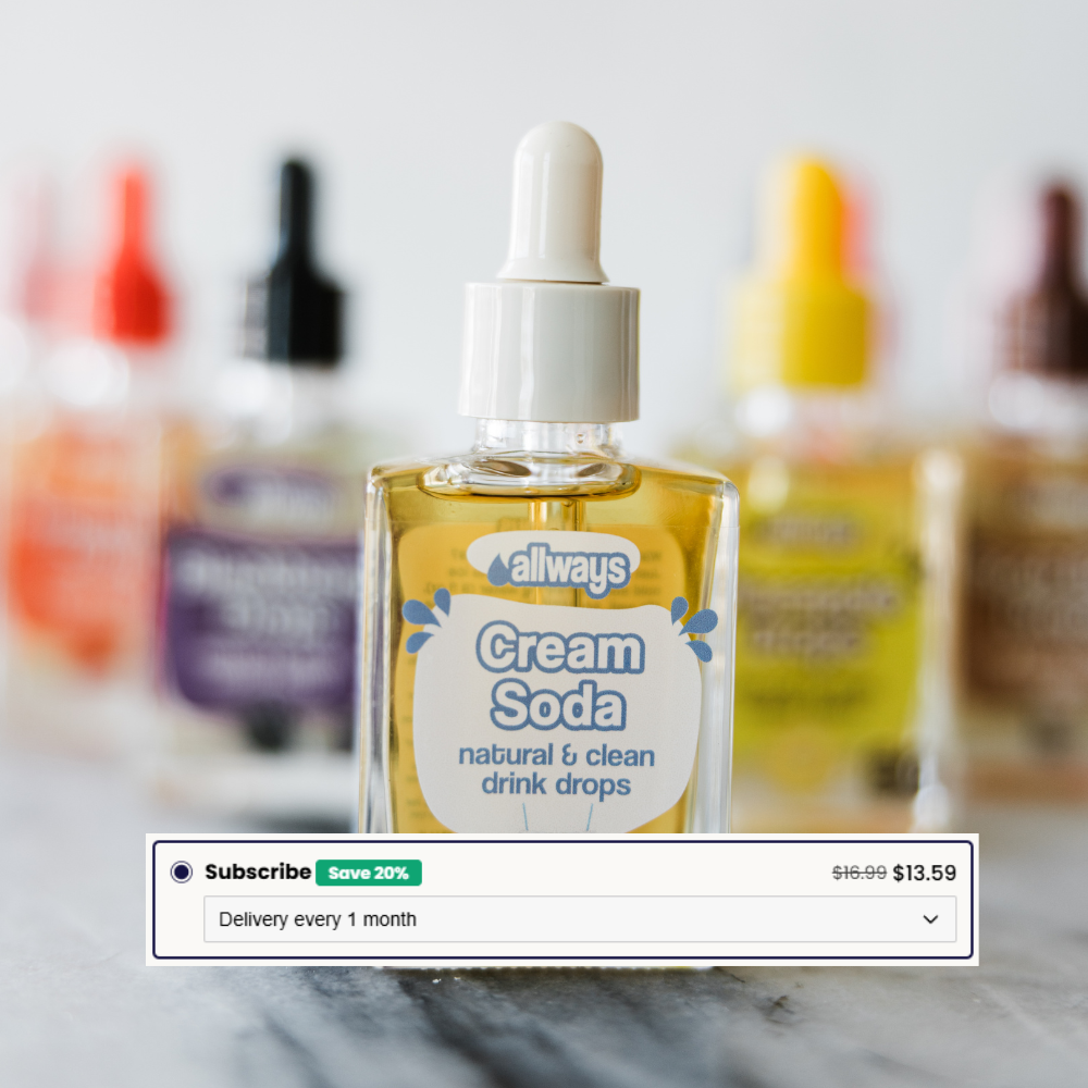 Bottle of 'Allways' Cream Soda drink drops with a blurred background of other similar products.