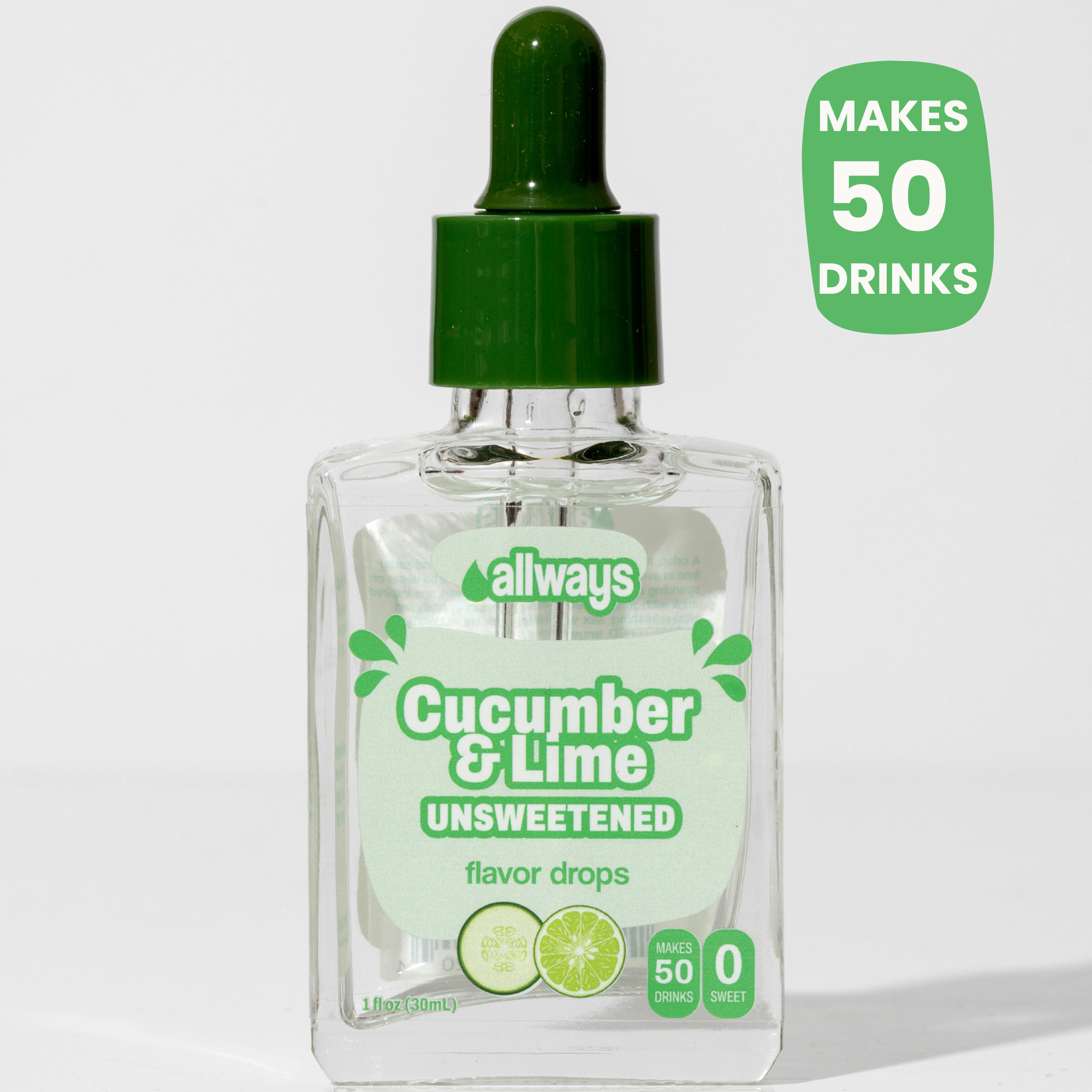 Bottle of allways Cucumber & Lime unsweetened flavor drops with green cap on a white background