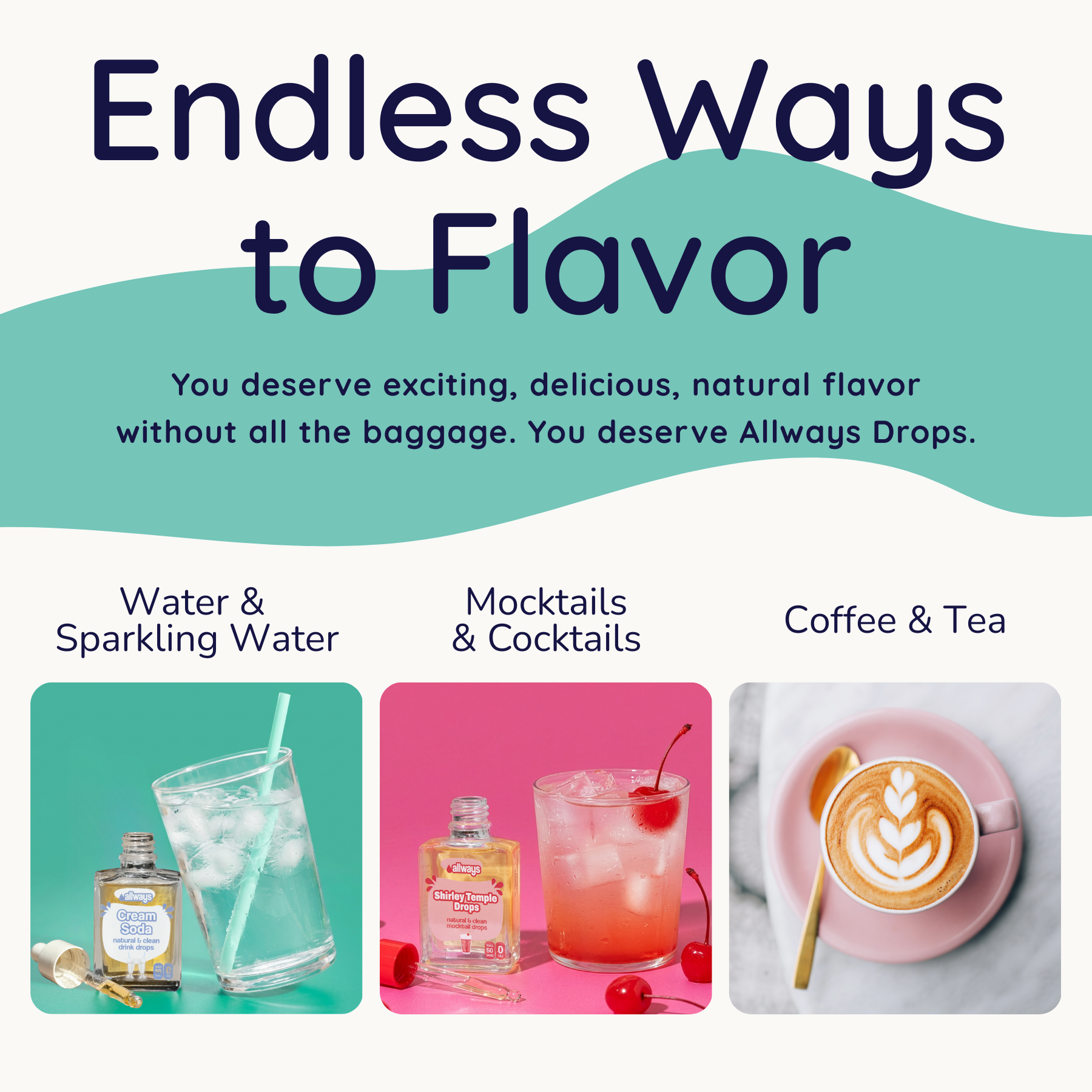 Advertisement for Allways Drops with images of drinks and text about flavor options.
