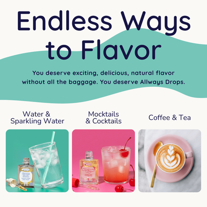 Advertisement for Allways Drops with images of drinks and text about flavor options.