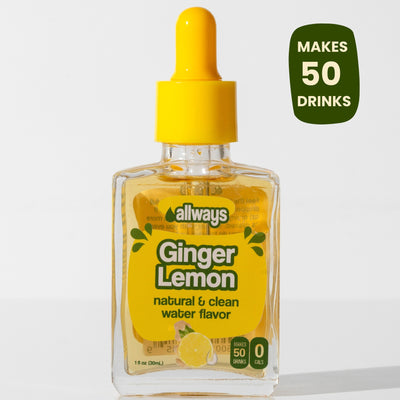 Bottle of Allways Ginger Lemon water flavor with a yellow dropper on a white background