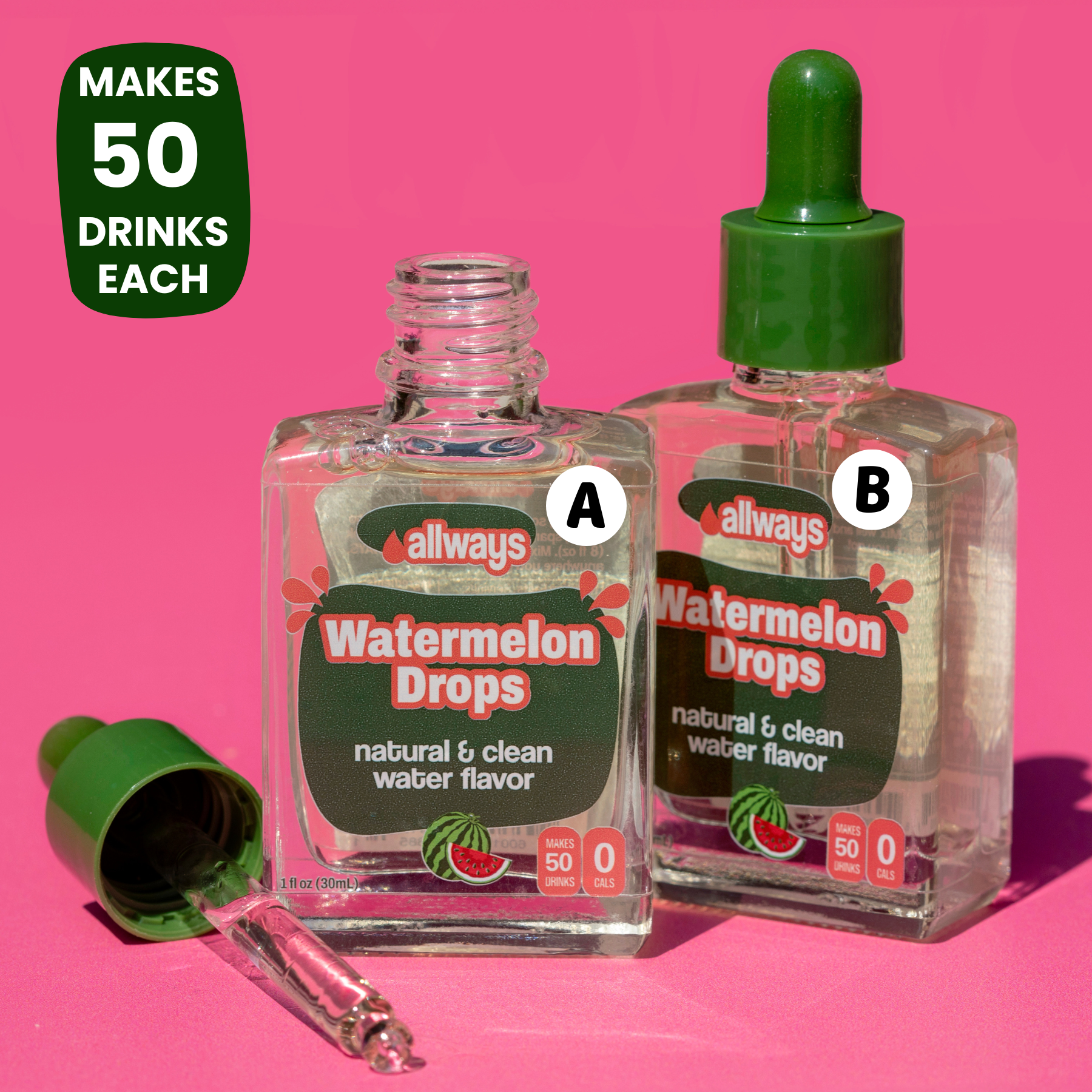 Two bottles of 'allways Watermelon Drops' with a dropper on a pink background.