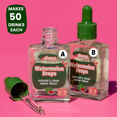 Two bottles of 'allways Watermelon Drops' with a dropper on a pink background.