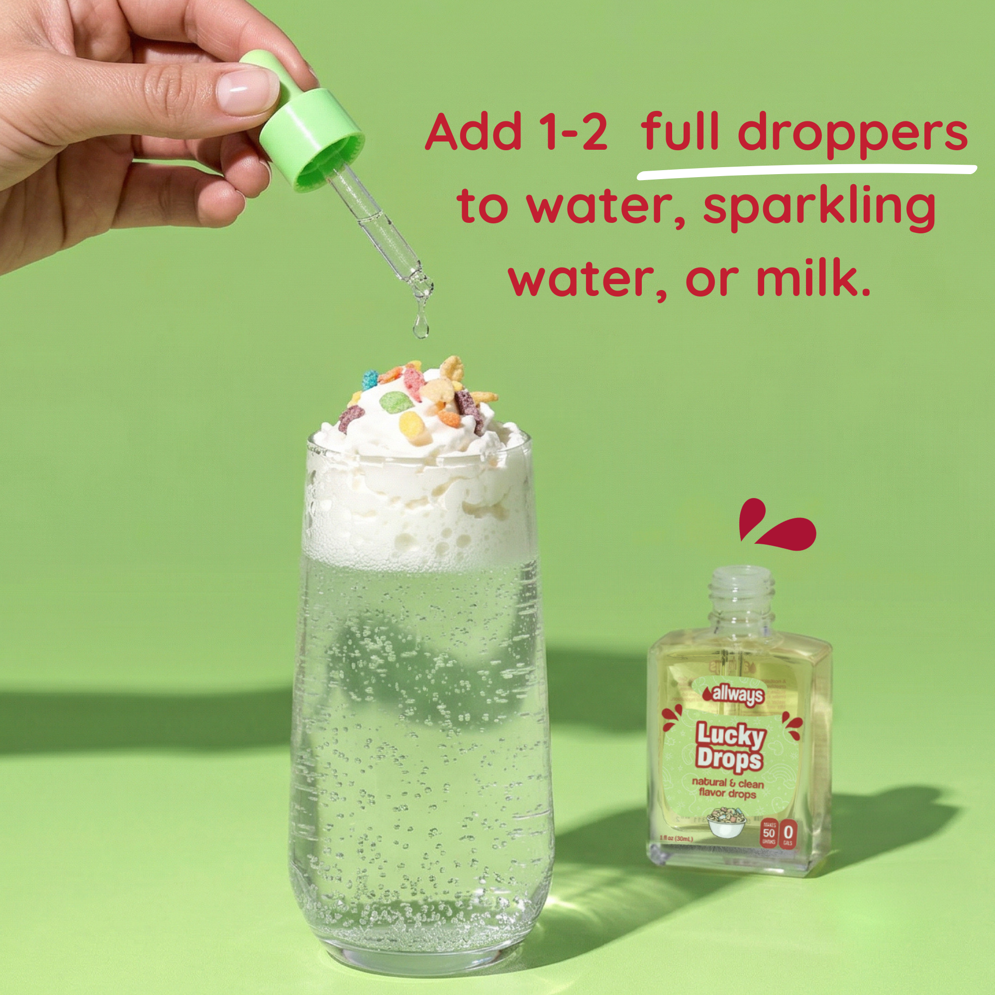 Hand dropping a green dropper into a glass of water with whipped cream and sprinkles, next to a bottle labeled 'Lucky Drops' on a green background.