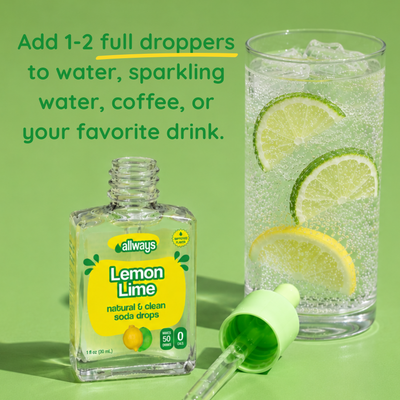 Allways Lemon Lime natural & clean soda drops in a clear bottle with a yellow label, shown next to a glass of sparkling lemonade with lime slices and a green dropper on a light green background with product text.
