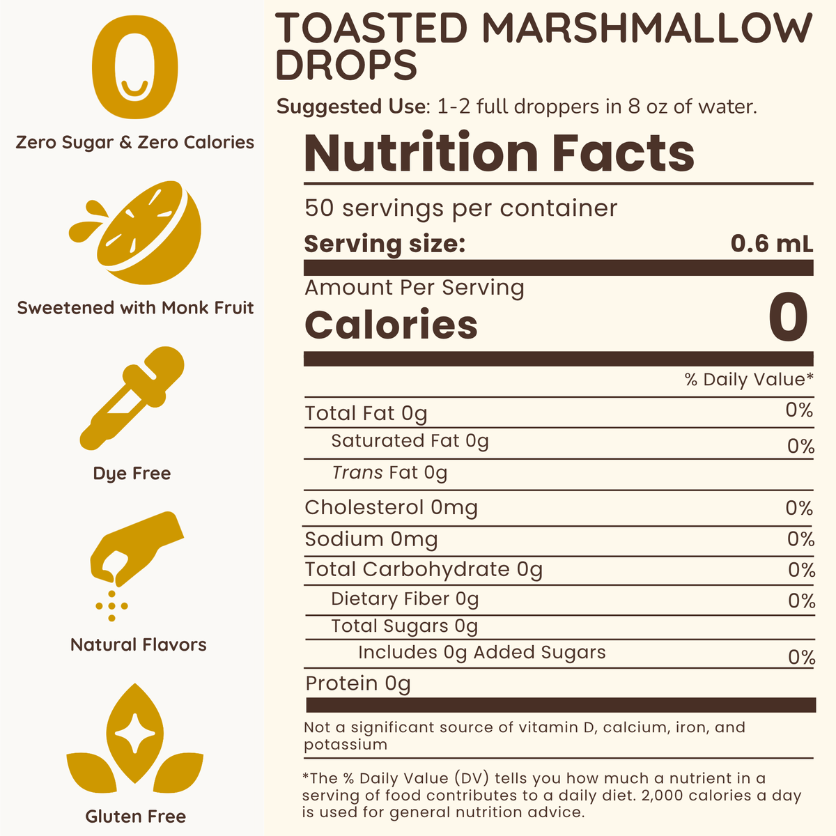 A vertical graphic with the text 'TOASTED MARSHMALLOW DROPS' at the top and a stylized Nutrition Facts label below. The left side lists feature callouts with gold icons: Zero Sugar & Zero Calories, Sweetened with Monk Fruit, Dye Free, Natural Flavors, and Gluten Free.