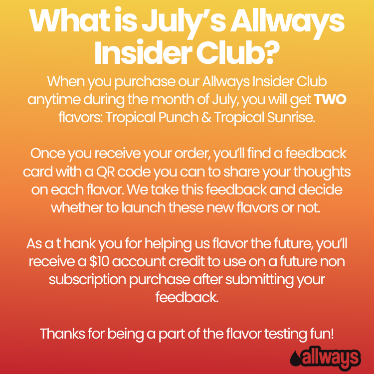 A promotional text graphic on a yellow-to-red gradient background. Large white text reads, 'What is July's Allways Insider Club?' followed by several paragraphs explaining that July purchases give two flavors: Tropical Punch and Tropical Sunrise, with a QR code feedback card, $10 account credit, and an Allways logo at the bottom right.