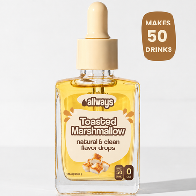 A bottle of Allways brand Toasted Marshmallow flavor drops with a beige dropper cap, filled with golden-yellow liquid, shown on a clean white background with a brown badge that reads 'MAKES 50 DRINKS'.