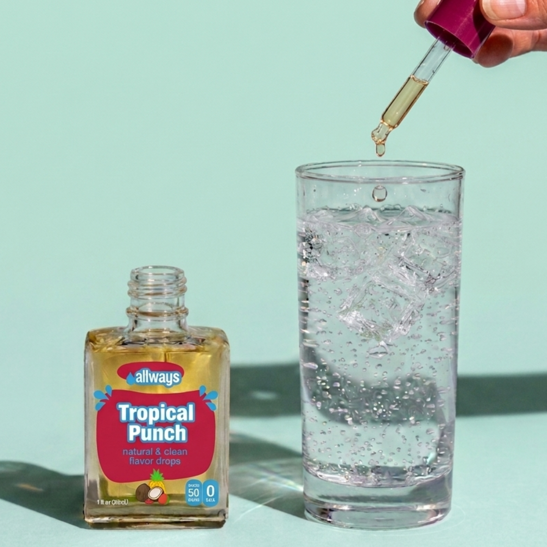 A bottle of allways Tropical Punch flavor drops sits next to a glass of clear liquid with ice and a hand holding a dropper above it, set against a solid mint green background.