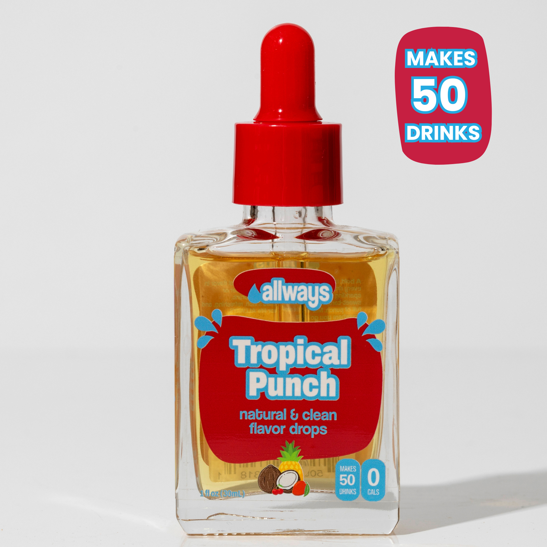 A bottle of Allways Tropical Punch natural and clean flavor drops with a red dropper cap, shown on a light gray background with a red badge that says 'MAKES 50 DRINKS'.