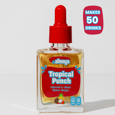 A bottle of Allways Tropical Punch natural and clean flavor drops with a red dropper cap, shown on a light gray background with a red badge that says 'MAKES 50 DRINKS'.