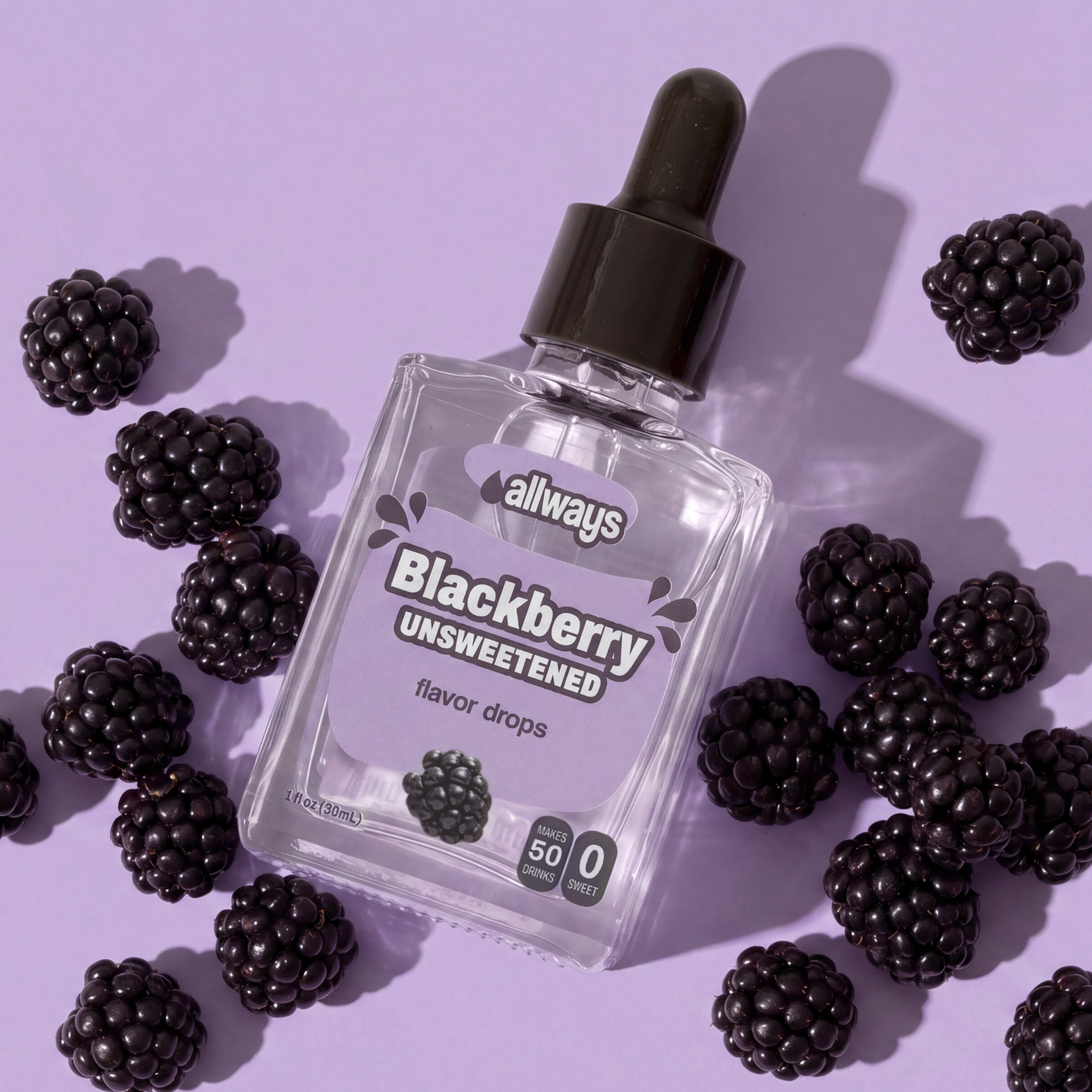 Bottle of allways Blackberry Unsweetened flavor drops surrounded by blackberries on a purple background