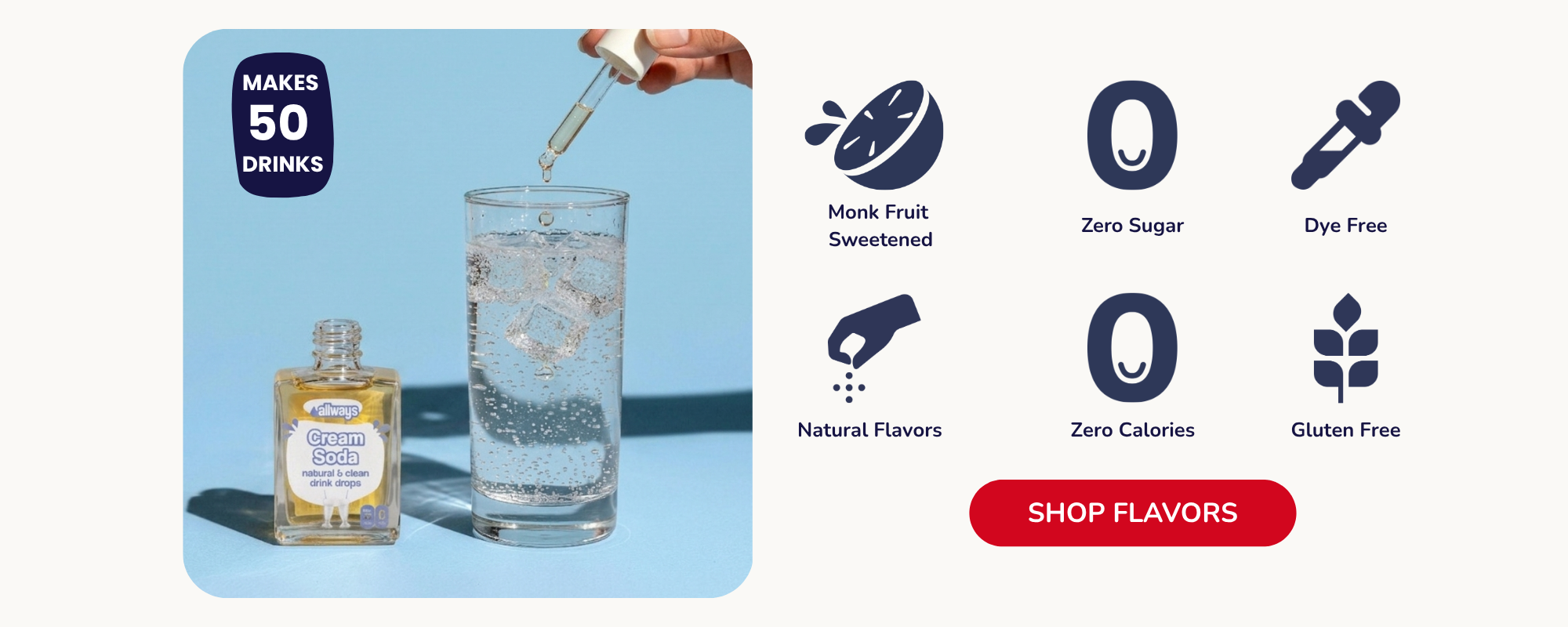 Bottle of Cream Soda Drops with a glass of water and bottle, featuring monk fruit sweetener and health benefits.