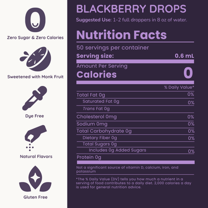 Nutrition facts label for Blackberry Drops with white and purple design.